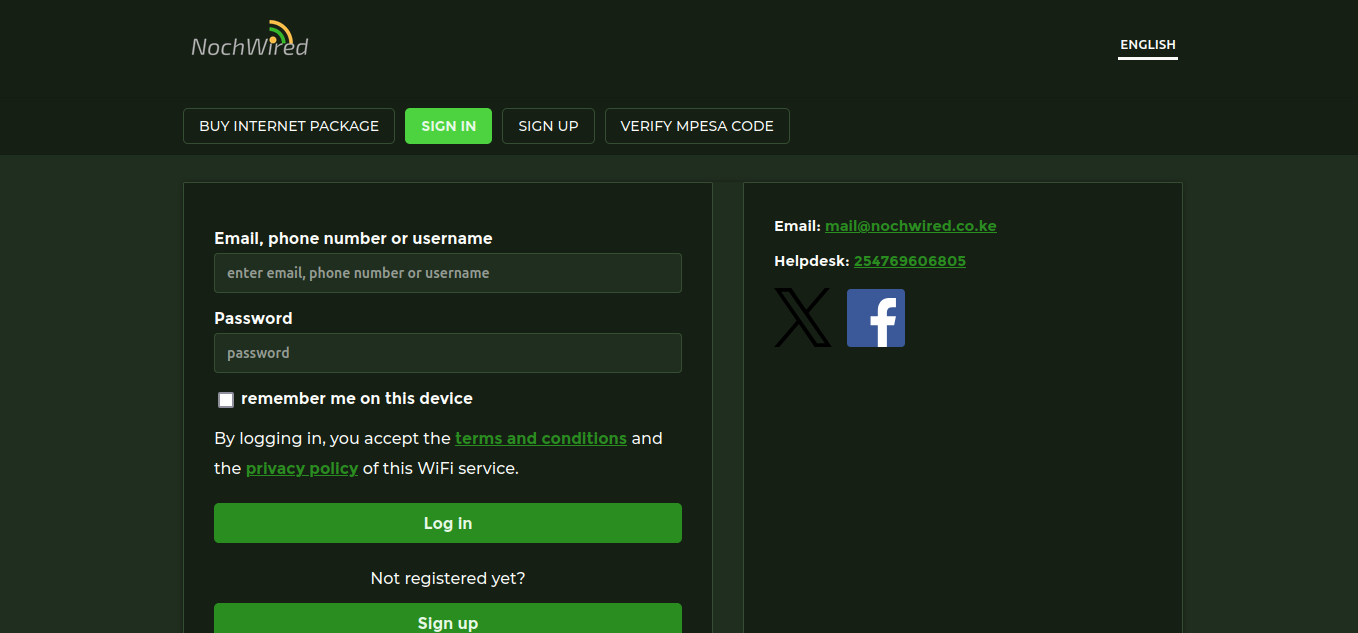 Hotspot page login page