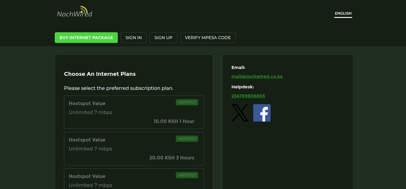 Client Internet plans page